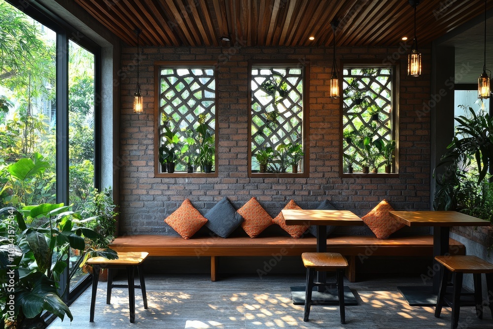 Fototapeta premium Modern restaurant interior design with wooden furniture and green plants