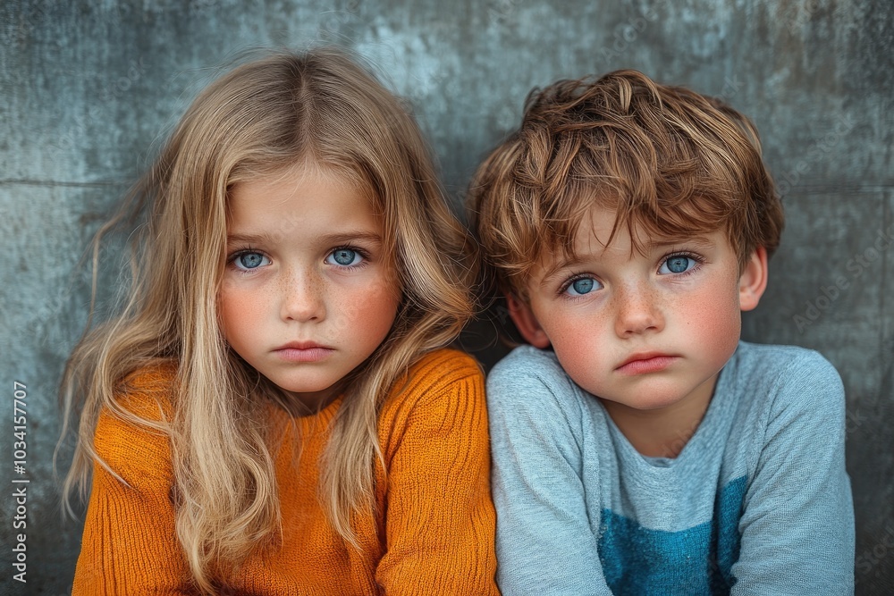 Portrait of sad little boy and girl with blue eyes looking concerned Portrait of sad little boy and girl with blue eyes looking concerned
