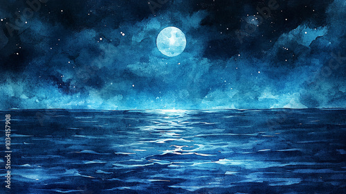 Soft Watercolor Night Ocean Scene