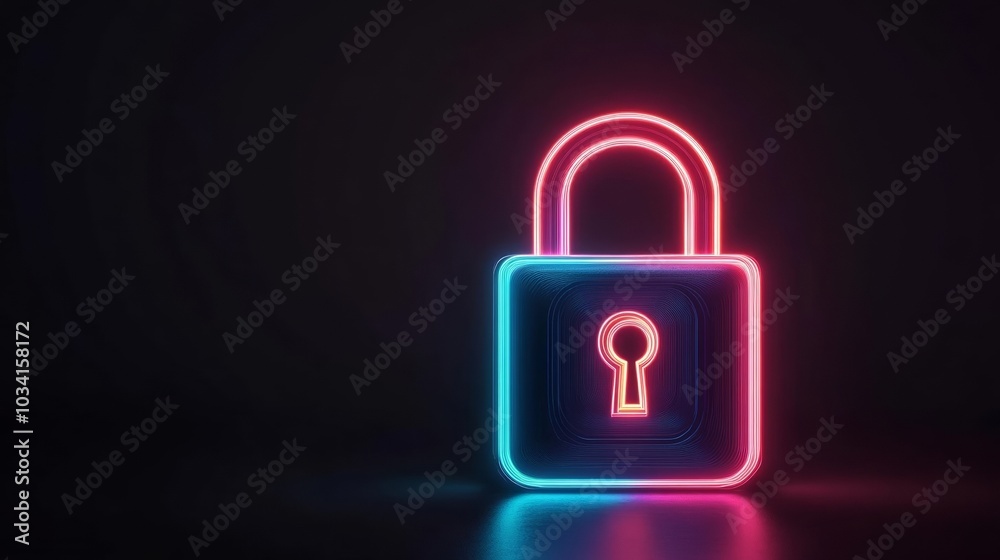 Futuristic lock icon in vibrant neon colors, representing cybersecurity, data privacy, and secure networks in a high-tech virtual environment