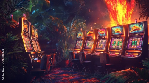 Wallpaper Mural Jungle casino artwork with dinosaur slot machines and volcano jackpot Torontodigital.ca