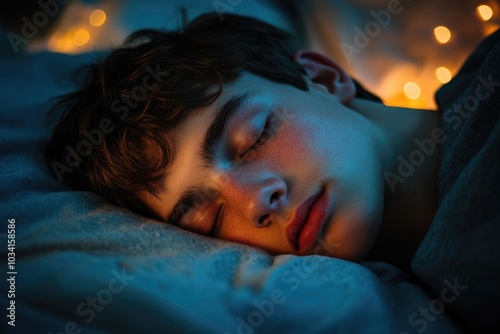 Young man sleeping peacefully in bed at night