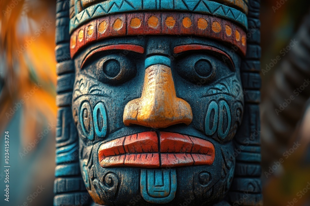 Colorful mayan totem pole depicting god posing in jungle Colorful mayan totem pole depicting god posing in jungle