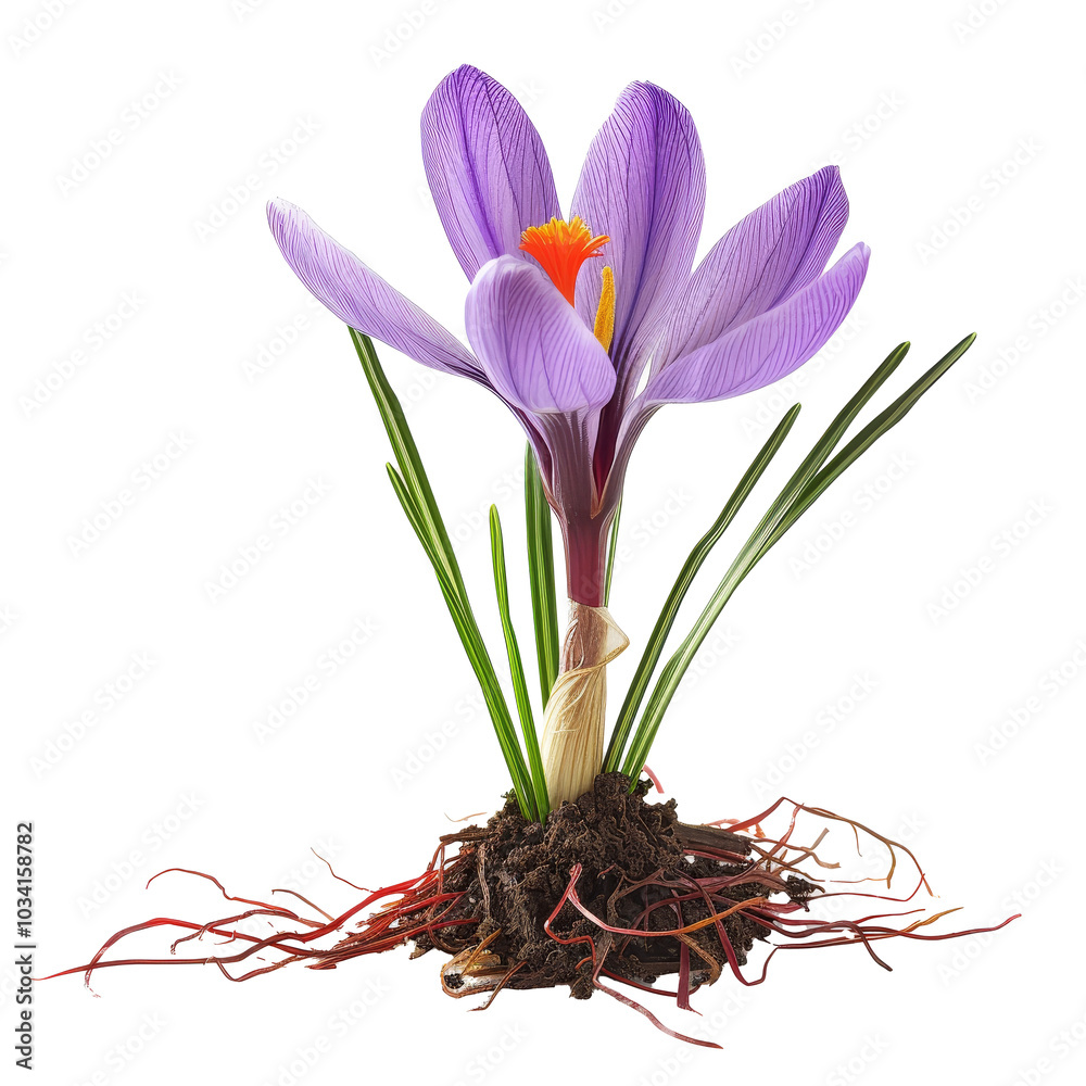 Naklejka premium A vibrant purple crocus flower emerging from rich soil with green foliage in springtime daylight