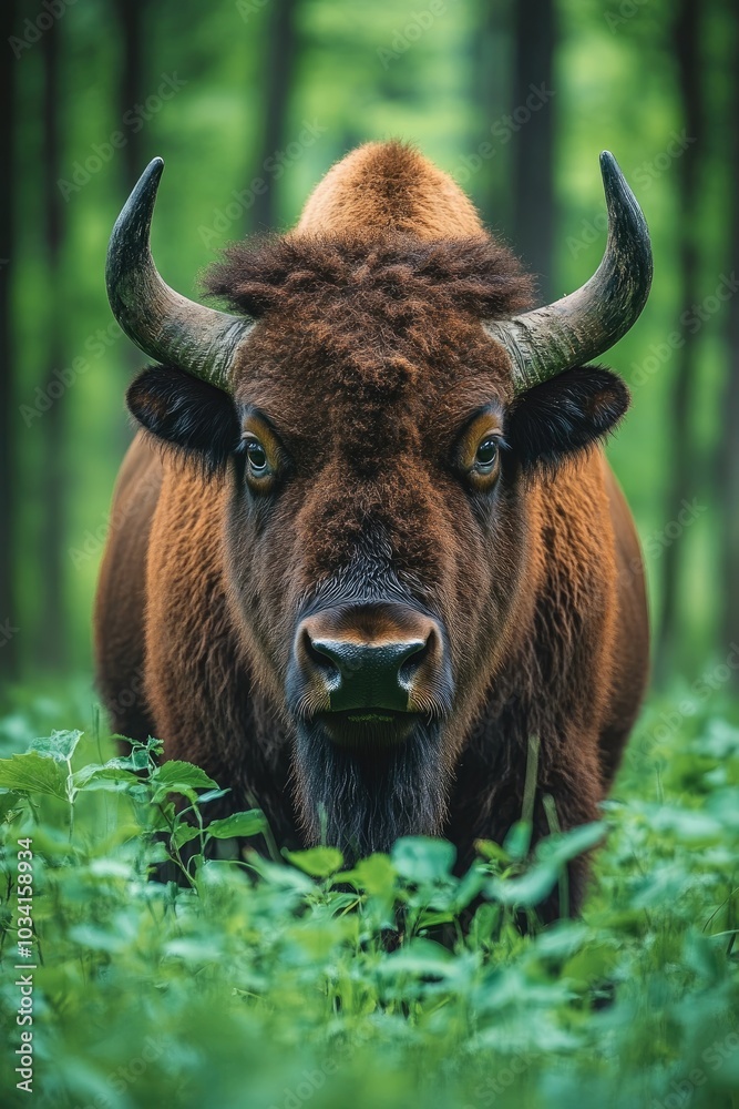 European bison standing in lush green forest European bison standing in lush green forest