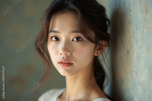 Beautiful young asian woman with clean fresh skin on beige background, Face care, Facial treatment, Cosmetology, beauty and spa, Asian women portrait.