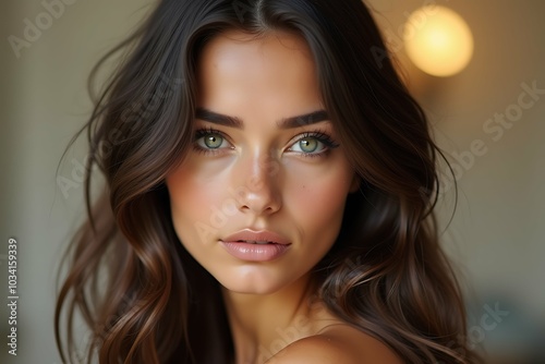 Beautiful young woman with brown hair and smooth facial skin,