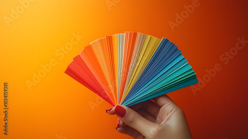 Wallpaper Mural A Hand Holding Color Swatches Fanned Out on an Orange Background, Showcasing a Spectrum of Colors for Design Inspiration. Ideal for Themes Related to Art, Design, Creativity, Color Theory, or Interior Torontodigital.ca