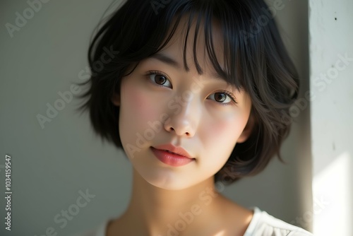 Young asian woman with short black hair and smooth skin