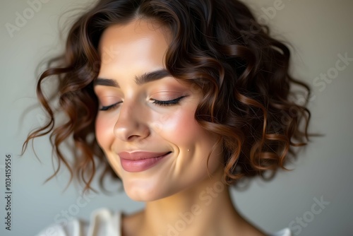 Smiling beautiful young redhead woman with curly hair