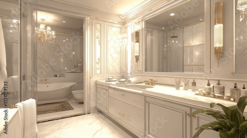 A beautifully decorated bathroom with white marble walls, a large mirror, and stylish lighting fixtures.