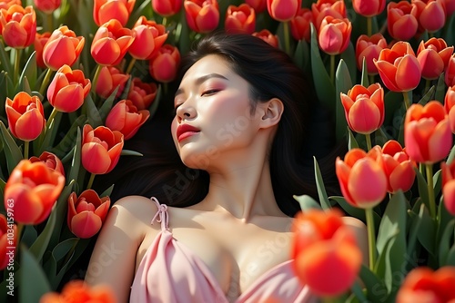 Photo of a beautiful female model in the middle of tulips