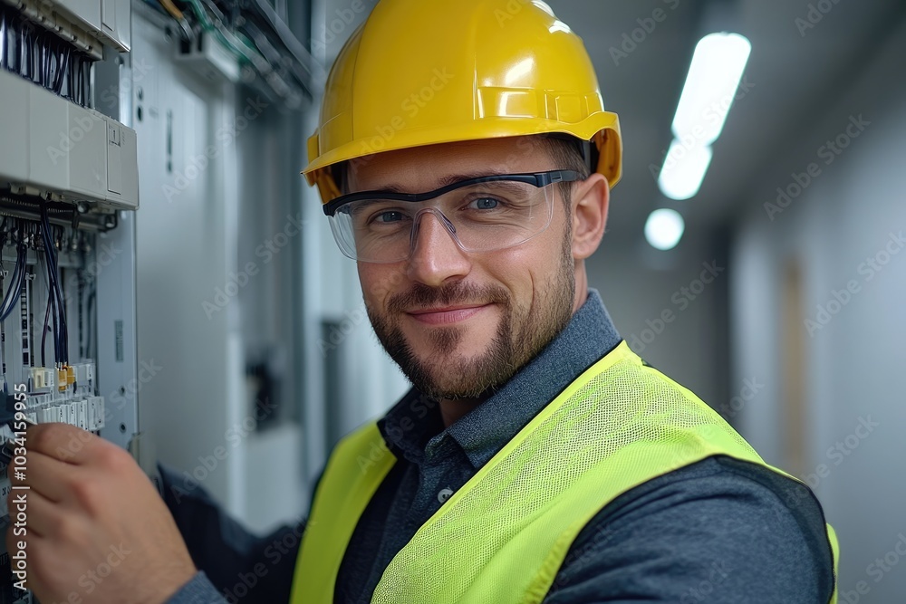 Electrician working on electrical panel smiling at camera Electrician working on electrical panel smiling at camera