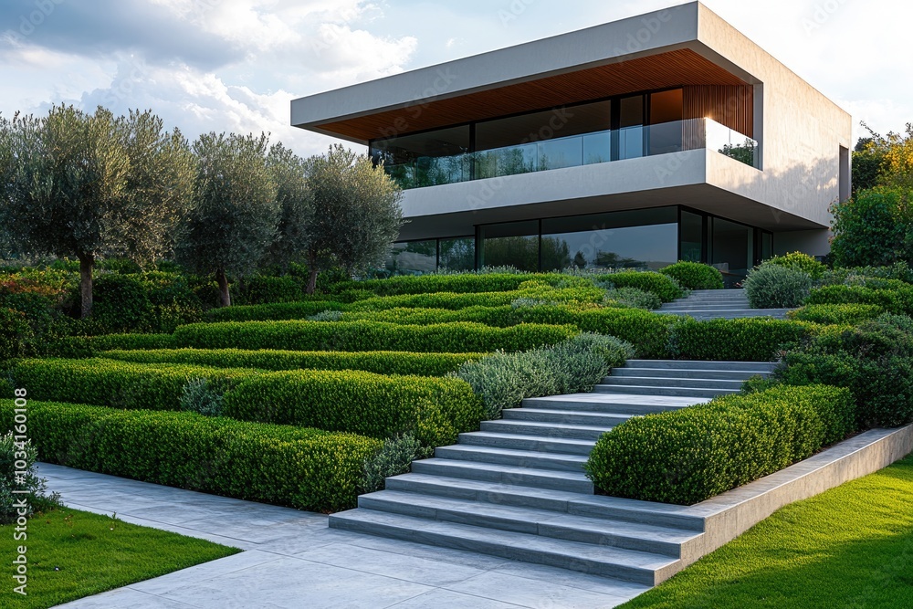 Naklejka premium Modern house with lush garden featuring stone stairs and geometrically trimmed hedges