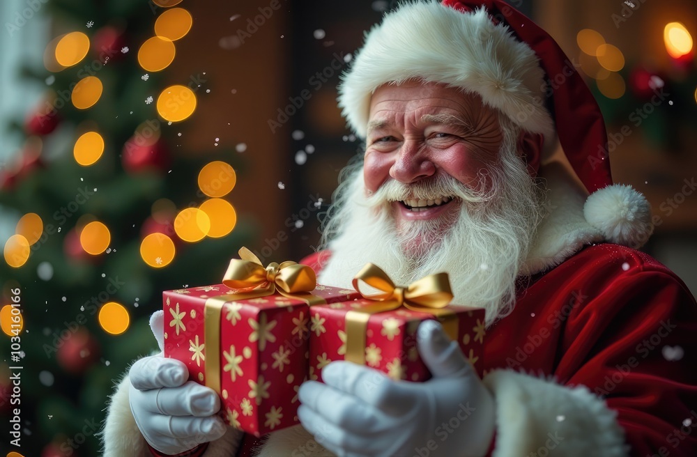 Close up of Santa Claus holding holiday gifts Close up of Santa Claus holding holiday gifts