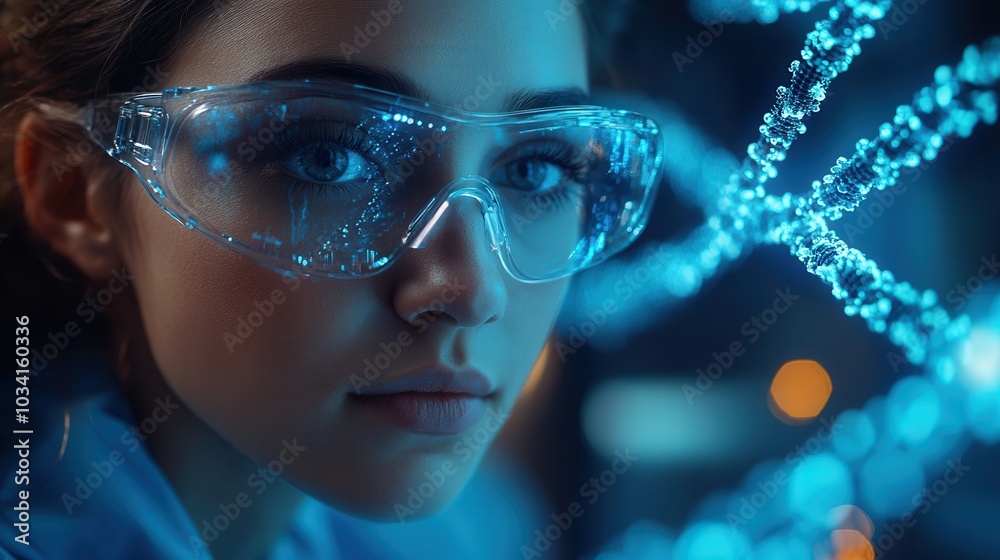 Woman wearing safety goggles in a lab with glowing holographic DNA strands, highlighting scientific research and innovation. Woman wearing safety goggles in a lab with glowing holographic DNA strands, highlighting scientific research and innovation.