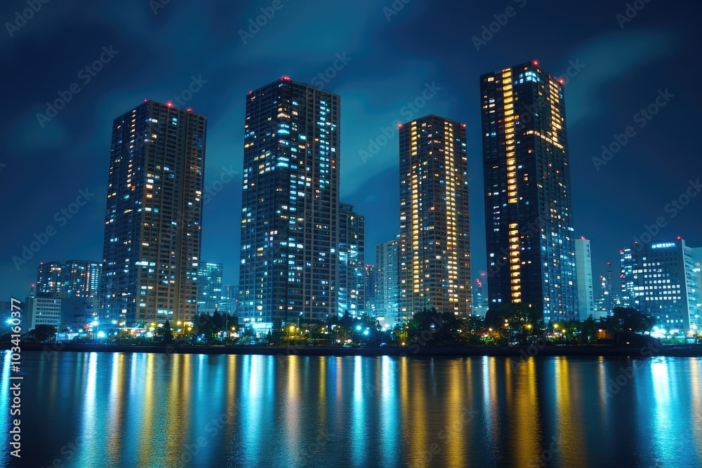 Obraz premium Tokyo skyline reflecting in the water at night