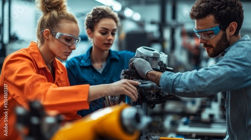 Young adults collaborating on a mechanical workshop project