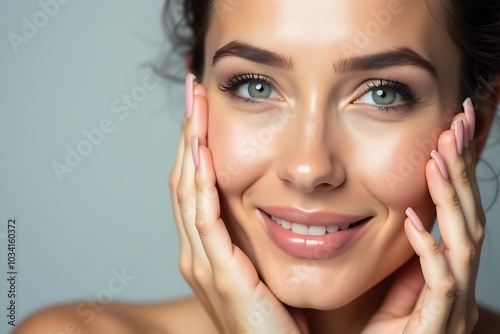 Cosmetics skincare concept photo. Woman with beautiful face touching healthy facial skin portrait. Beautiful smiling girl model with natural makeup enjoys glowing
