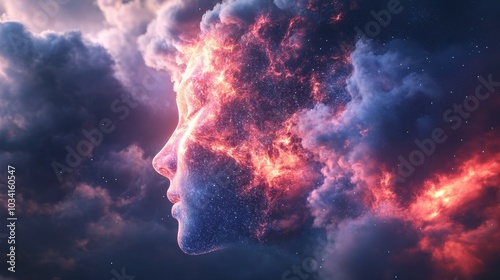 Ethereal figure emerging from vibrant clouds in a cosmic landscape