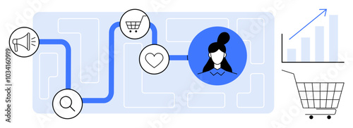 Depiction of a shopping journey connected by a blue line, featuring a megaphone, search icon, cart, and heart. Ideal for marketing strategies, customer journey mapping, online shopping, user