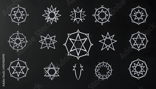 The Fifteen Behenian Stars glyphs used in Astrology an magic drawn on a blackboard isolated with white highlights, png