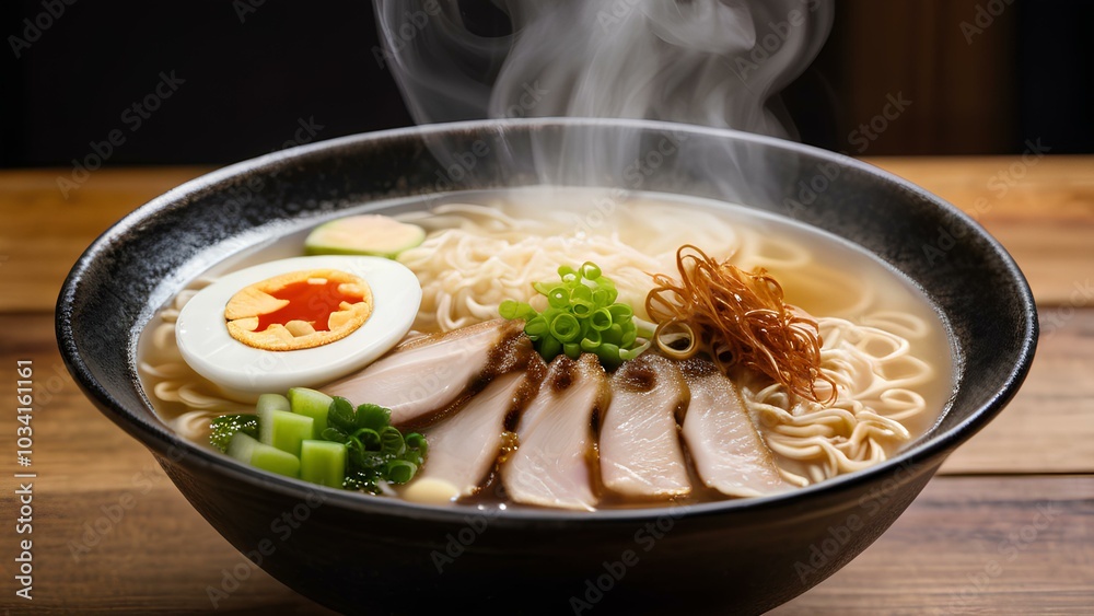 A bowl of steaming Tonkotsu ramen with soft-boiled egg, tender pork, and hearty broth, a perfect representation of traditional Japanese soul food A bowl of steaming Tonkotsu ramen with soft-boiled egg, tender pork, and hearty broth, a perfect representation of traditional Japanese soul food