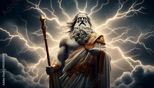 A powerful depiction of Zeus, the Greek god of thunder, commanding the skies with lightning bolts. This dynamic fantasy artwork captures the intensity of mythology, with glowing eyes and stormy energy