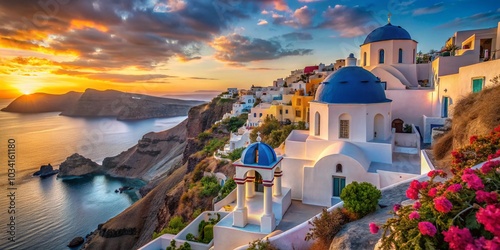 Stunning Santorini Landscape Views with Iconic White Buildings and Blue Domes - A Captivating Island Escape