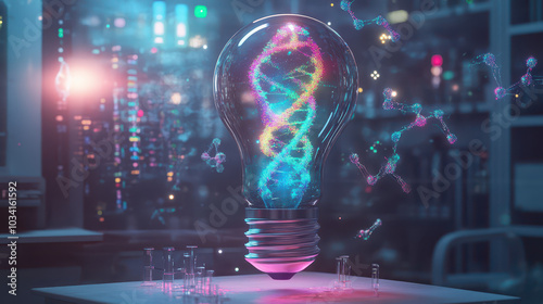 Futuristic laboratory with floating holographic DNA and molecules. Glowing light bulb filled with colorful particles represents ideas. High-tech, minimalist design. Innovation & Research theme.