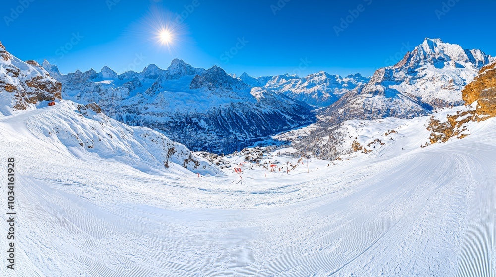Majestic Mountain Ski Slope with Sunny Sky and Snow Covered Peaks Majestic Mountain Ski Slope with Sunny Sky and Snow Covered Peaks