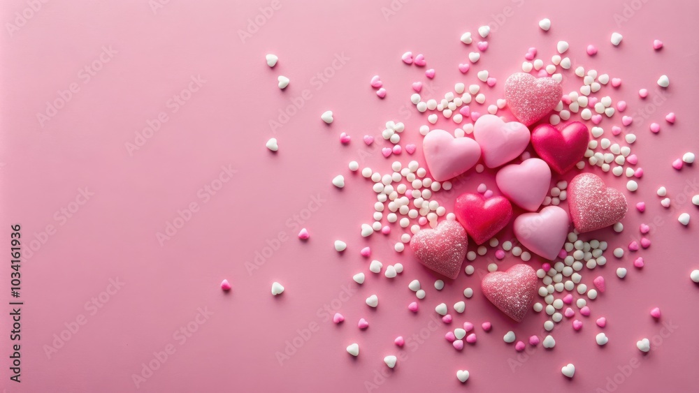 A cluster of pink and red hearts, adorned with sparkling accents, rests on a pastel pink background, surrounded by a scattering of tiny white and pink heart-shaped sprinkles. A cluster of pink and red hearts, adorned with sparkling accents, rests on a pastel pink background, surrounded by a scattering of tiny white and pink heart-shaped sprinkles.