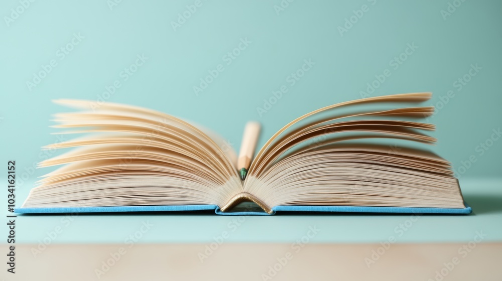 Open Book with Pencil on Blue Background Education Knowledge Literature Open Book with Pencil on Blue Background Education Knowledge Literature