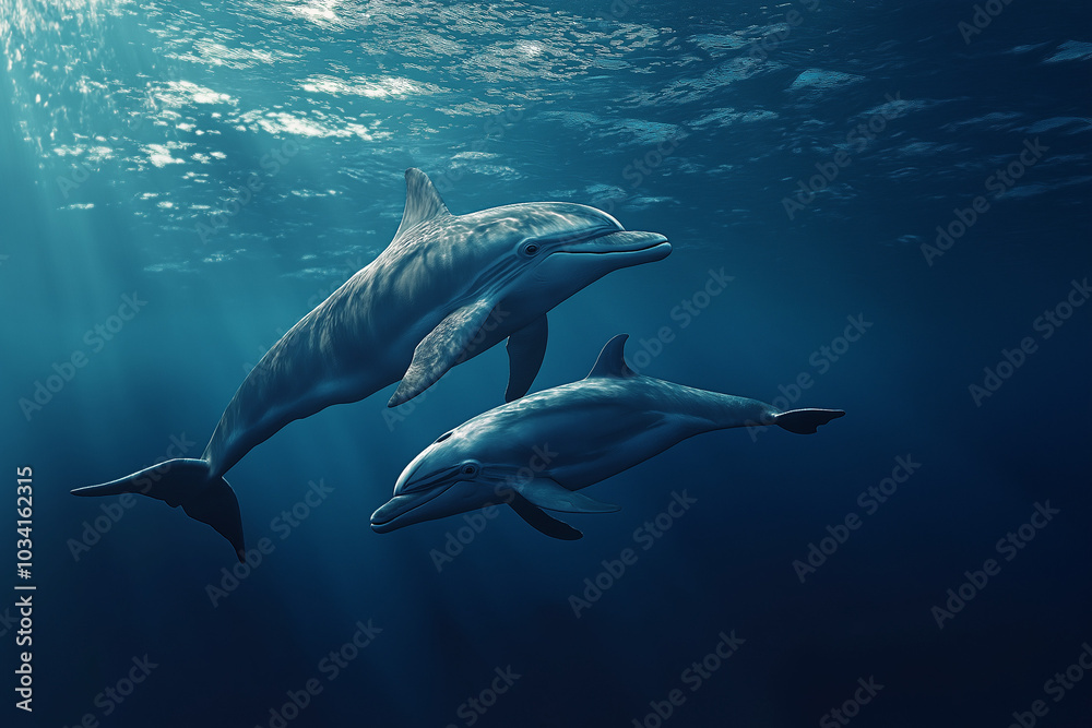 Fototapeta premium Beneath the Ocean Surface: How Dolphins Interact with Their Environment and Other Marine Life