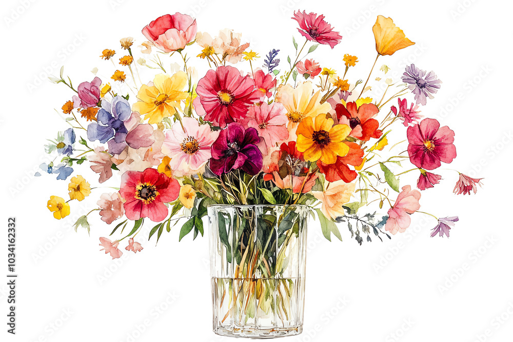 Fototapeta premium A vibrant bouquet of colorful flowers in a clear vase against a white background.