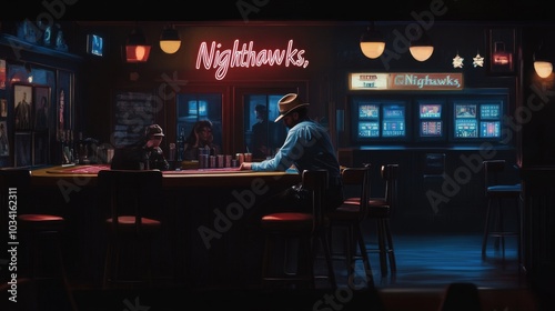 Casino scenes inspired by Hoppers Nighthawks with isolated characters
