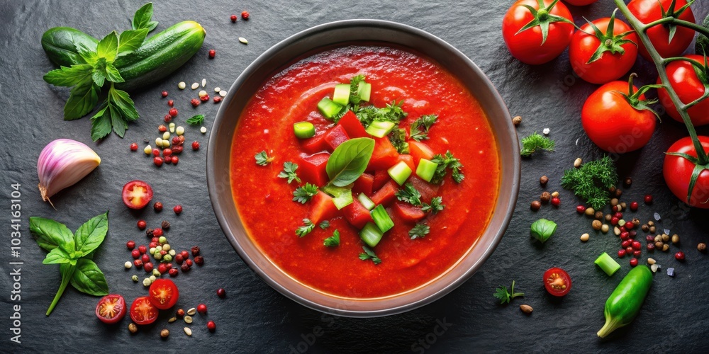 A bowl of gazpacho soup surrounded by fresh ingredients like tomatoes, cucumbers, basil, garlic, and peppers on a dark background. A bowl of gazpacho soup surrounded by fresh ingredients like tomatoes, cucumbers, basil, garlic, and peppers on a dark background.