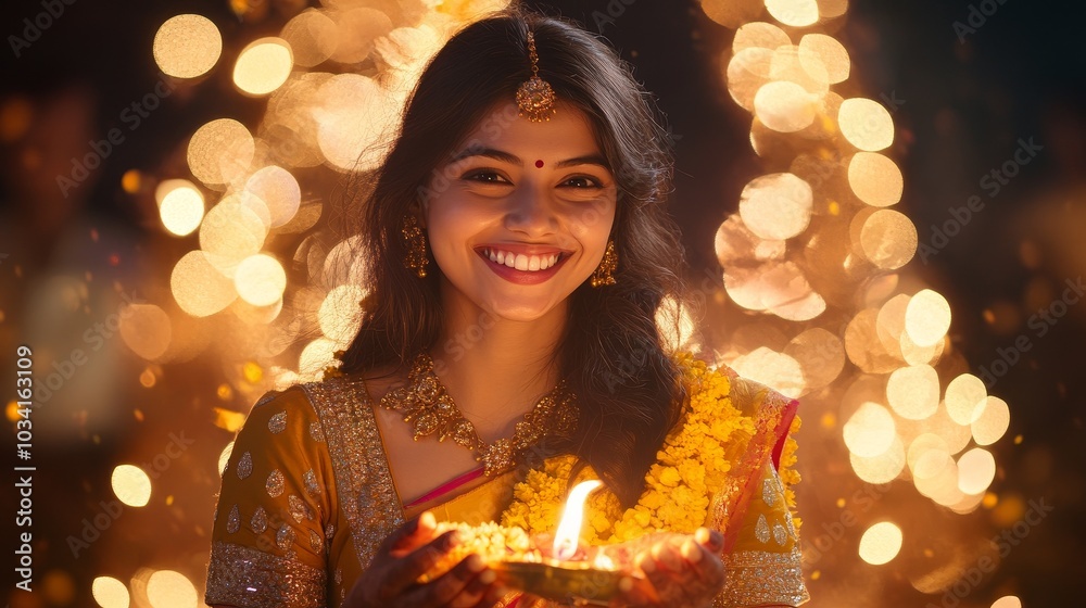 Woman in traditional attire celebrates festival with a diya at night