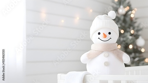 Cuddly Snowman in a Cozy Christmas Nursery - Soft Glowing Garlands and Pastel Holiday Decor for a Baby-Friendly Atmosphere photo
