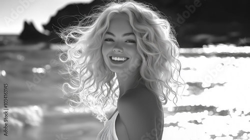 black and white photo of beautiful   Caucasian bleach blonde nordic european woman with long curly hair, smiling at camera, beach background, wind in her hair 