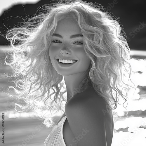 black and white photo of beautiful   Caucasian bleach blonde nordic european woman with long curly hair, smiling at camera, beach background, wind in her hair 