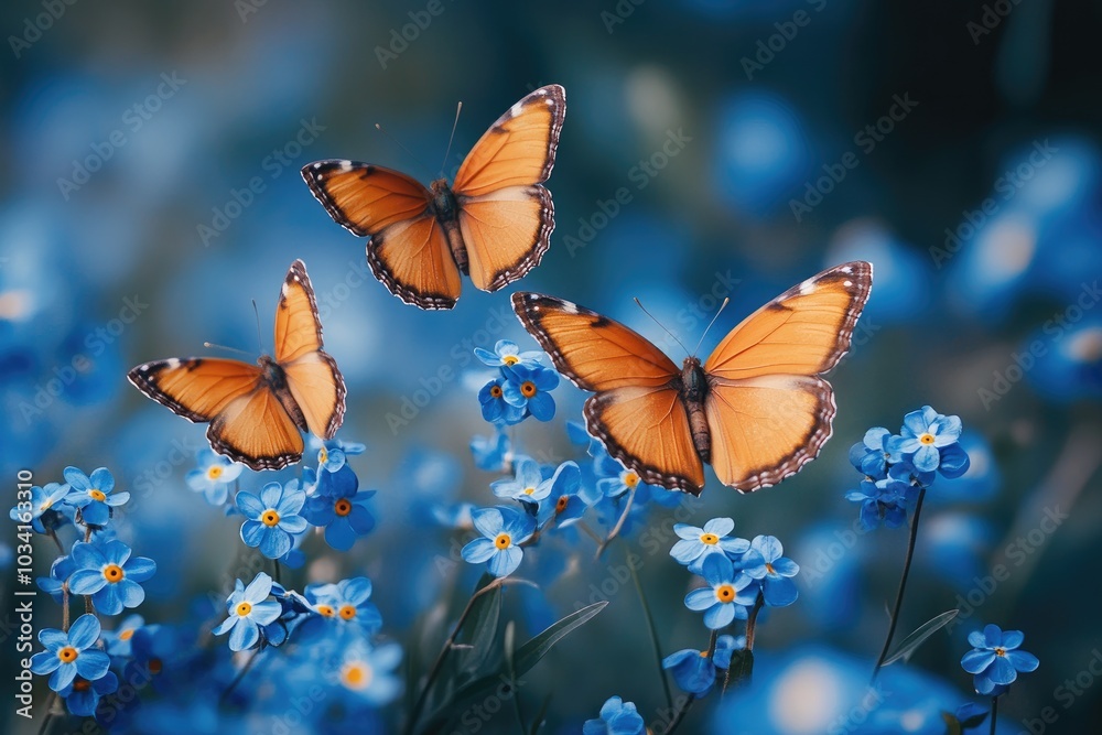 custom made wallpaper toronto digitalThree monarch butterflies flying over blue forget-me-not flowers