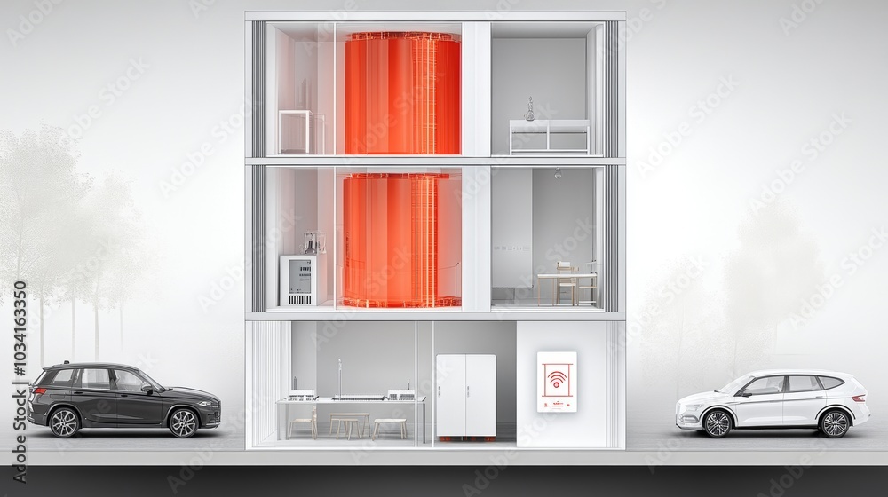 Smart Home Technology Energy Efficient Building with Cars and Wifi Symbol Smart Home Technology Energy Efficient Building with Cars and Wifi Symbol