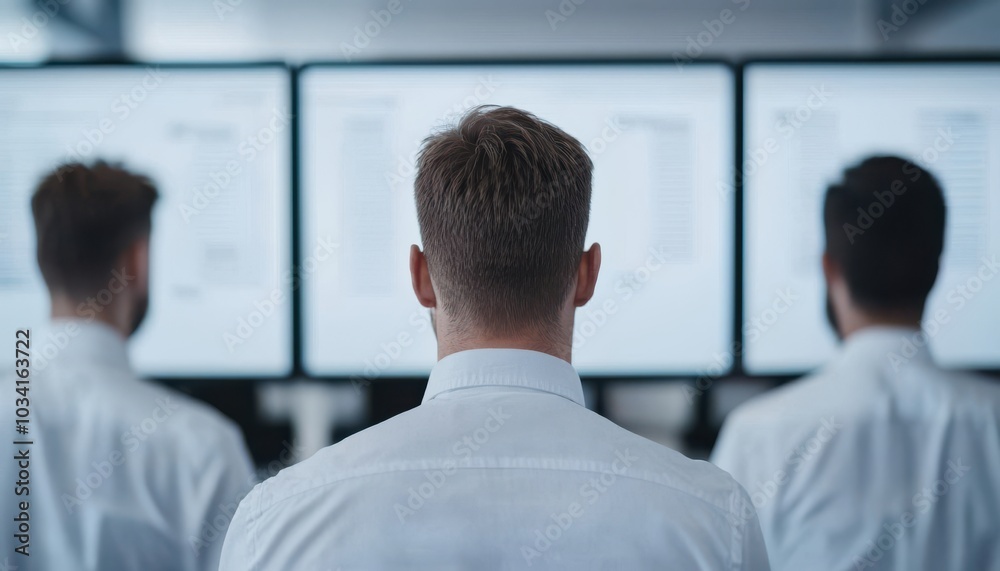 Focused professionals analyzing data on multiple monitors in a modern office environment aiming for peak productivity and insight generation Focused professionals analyzing data on multiple monitors in a modern office environment aiming for peak productivity and insight generation