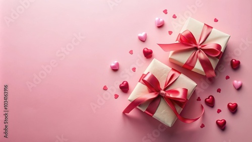 Pink and red gift boxes tied with red ribbons surrounded by small hearts on a pink background.