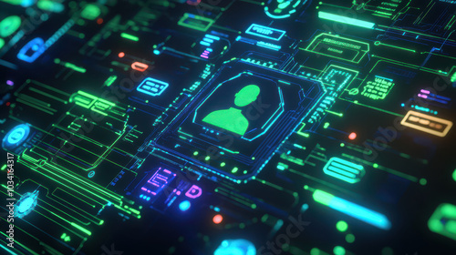 Tech-Inspired Wireframe Illustration: Virtual Customer Service with Client Avatars, Neon Green and Blue on Black, Holographic Elements and Circuit Board Patterns.