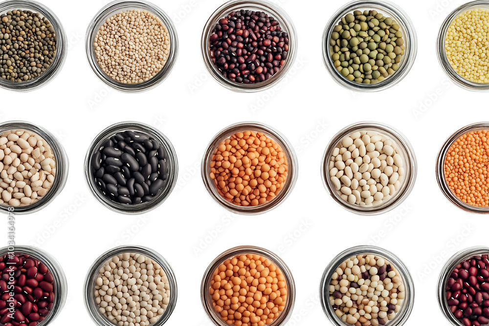 Assorted legumes in glass jars, showcasing a variety of colors and textures on a white background. Assorted legumes in glass jars, showcasing a variety of colors and textures on a white background.