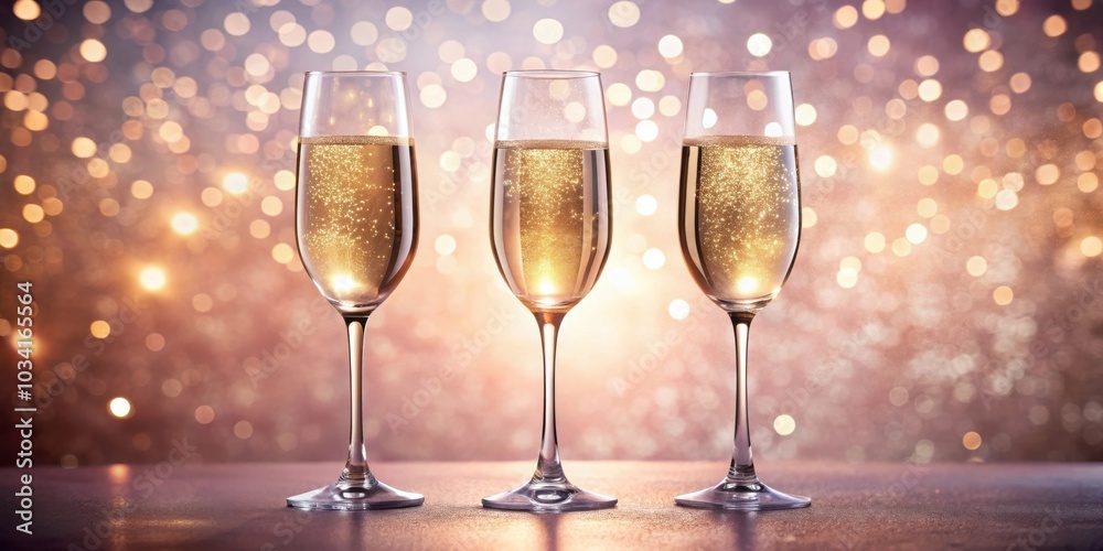 Three Champagne Flutes Filled with Sparkling Wine Against a Blurred Background of Golden Bokeh Lights Three Champagne Flutes Filled with Sparkling Wine Against a Blurred Background of Golden Bokeh Lights