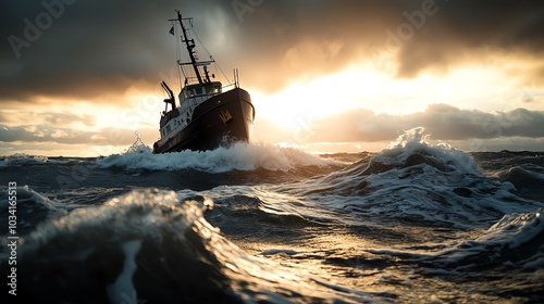 A hydropowered ship sailing through turbulent seas, representing the blend of renewable energy and nature s force, hydropowered ship, sustainable ocean power photo