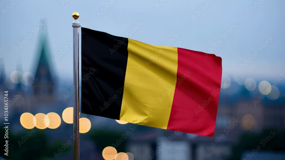 Belgian flag flying at night with blurred city lights, representing national identity and pride.